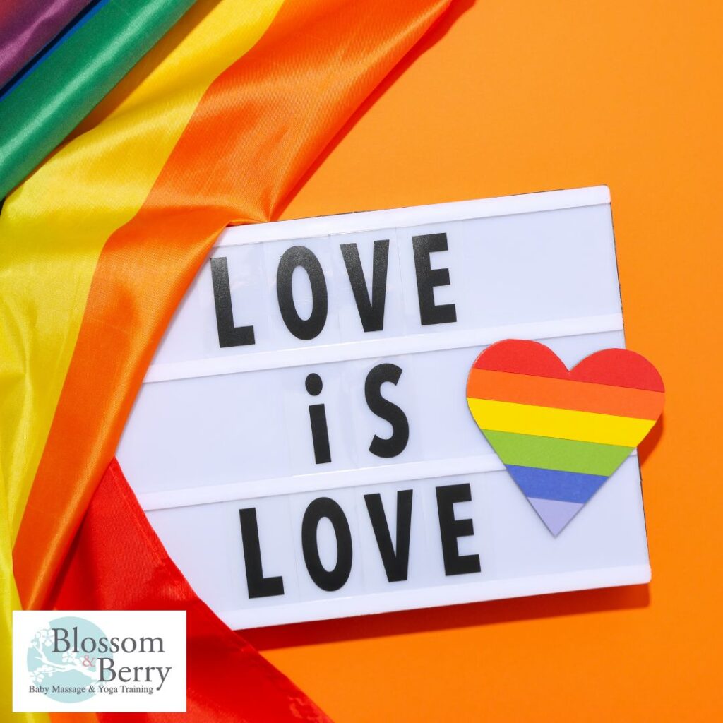 How to Support LGBTQIA+ Parents in Your Baby Massage Groups - picture of the words LOVE is LOVE with the LGBTQIA+ flags