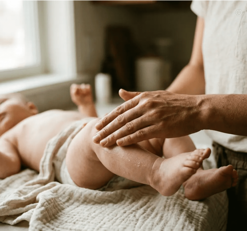 Baby Massage and Motor Development: How Touch Builds Milestones - picture of a baby being massaged