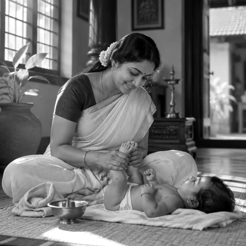 A mother practising baby massage, honouring the Shantala tradition